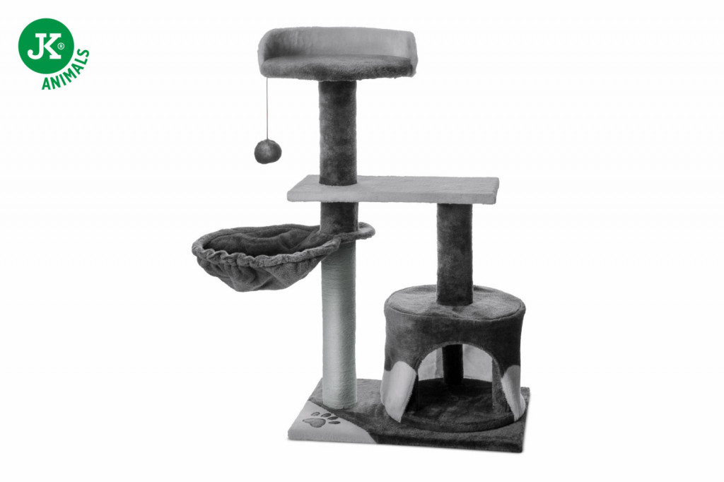 Kisállat webáruház - JK | Robin emeletes macskakaparó házzal, pihenővel, játékkal, 50X35X88cm, szürke termékek