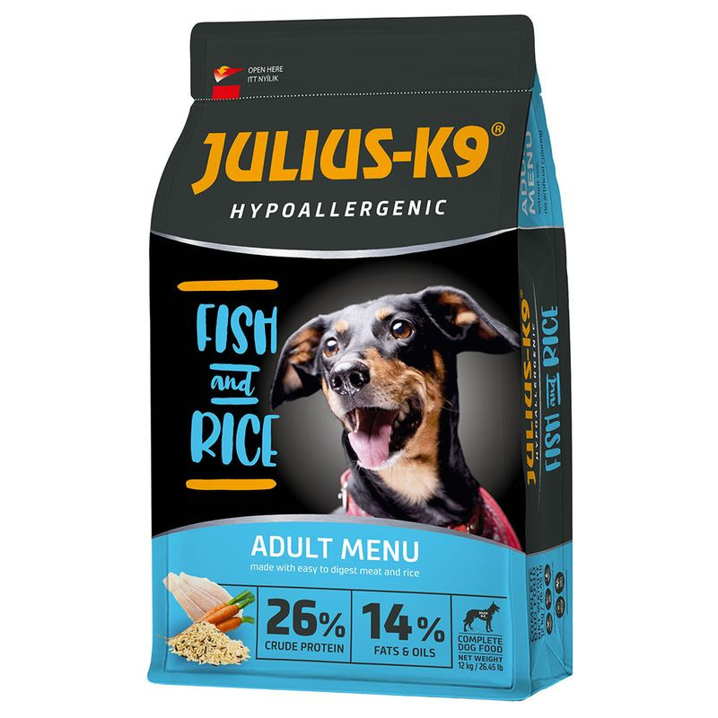 Kisállat webáruház - Julius K-9 | Hypoallergenic | Száraztáp | Felnőtt kutyáknak | Hal, rizs - 12 kg termékek