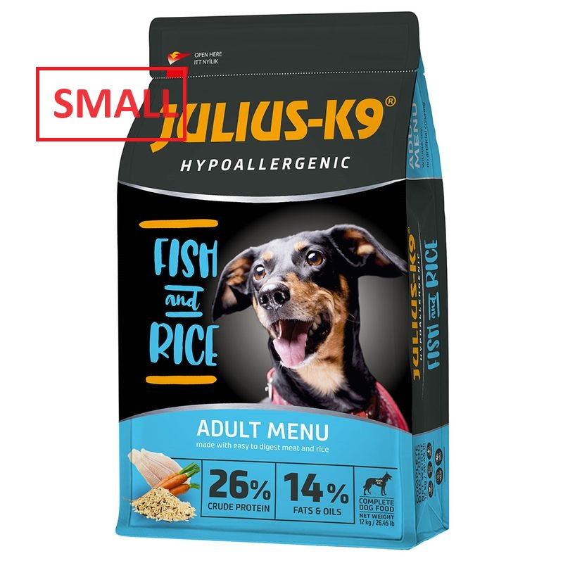Kisállat webáruház - Julius K-9 | Hypoallergenic | Száraztáp | Kistestű felnőtt kutyáknak | Hal, rizs - 12 kg termékek