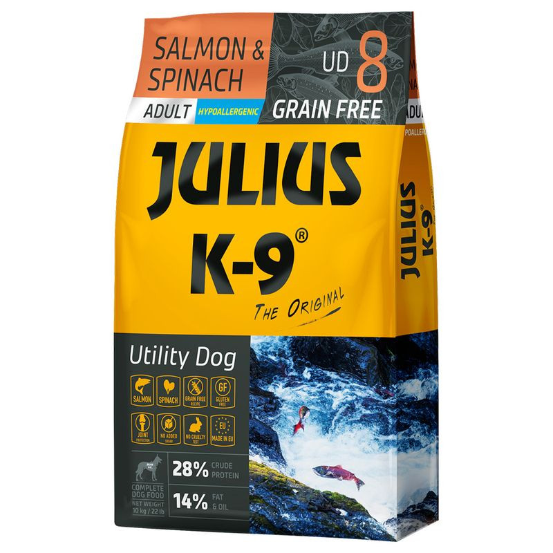 Kisállat webáruház - Julius K-9 | Utility Dog Hypoallergenic | Száraztáp | Felnőtt kutyáknak | Lazac, spenót - 10 kg termékek