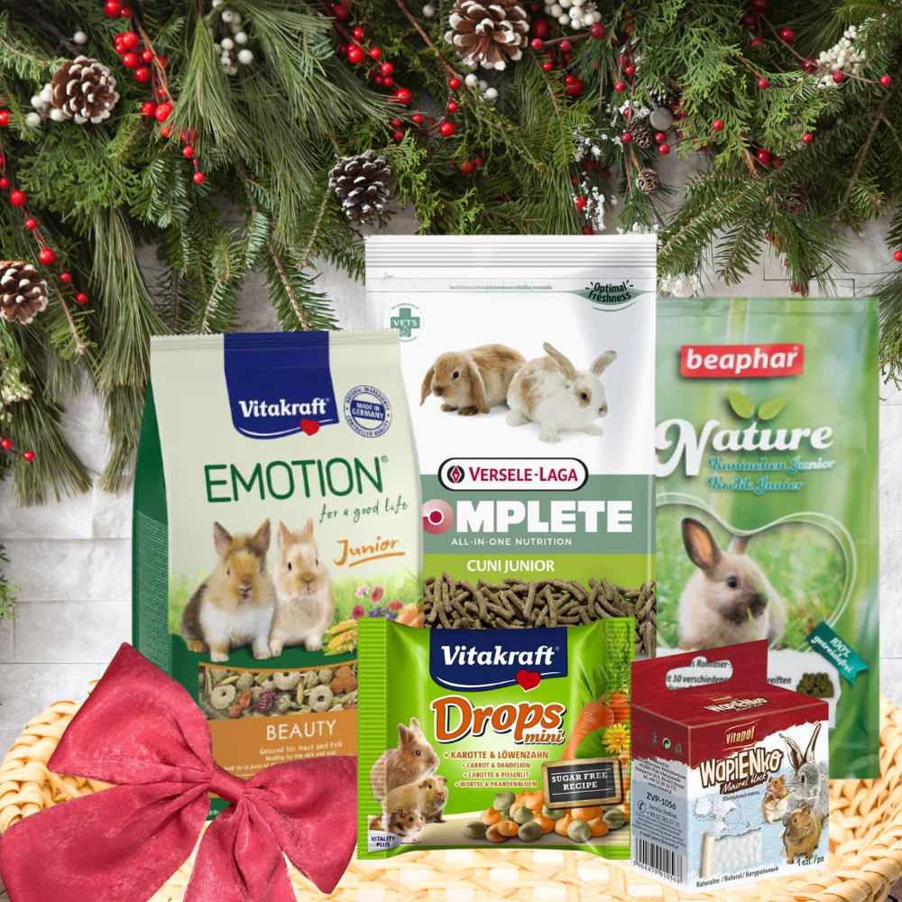 Kisállat webáruház - Karácsonyi Ajándékcsomag Nyulaknak I Tiny Ears Treat & Care Box - Aprófülű Finomság & Gondoskodás termékek