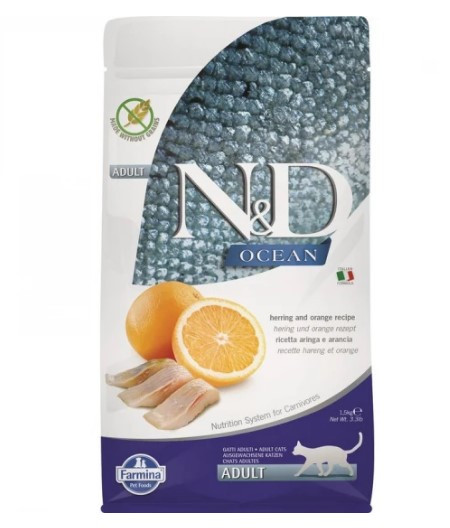 Kisállat webáruház - N&D | Cat Ocean | Teljes étékű száraz eledel, hering & narancs, felnőtt macska számára - 1,5 Kg termékek