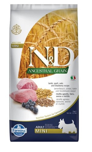 Kisállat webáruház - N&D | Dog Ancestral Grain | Teljes értékű eledel, bárány,tönköly,zab & áfonya, felnőtt kiststű kutya számára - 7 Kg termékek