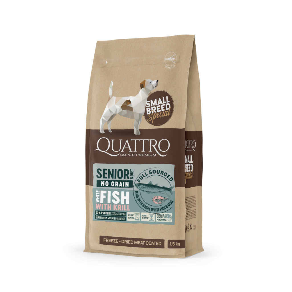 Kisállat webáruház - QUATTRO Hypoallergenic SMALL BREED SENIOR FISH AND KRILL kutyatáp 1,5kg termékek