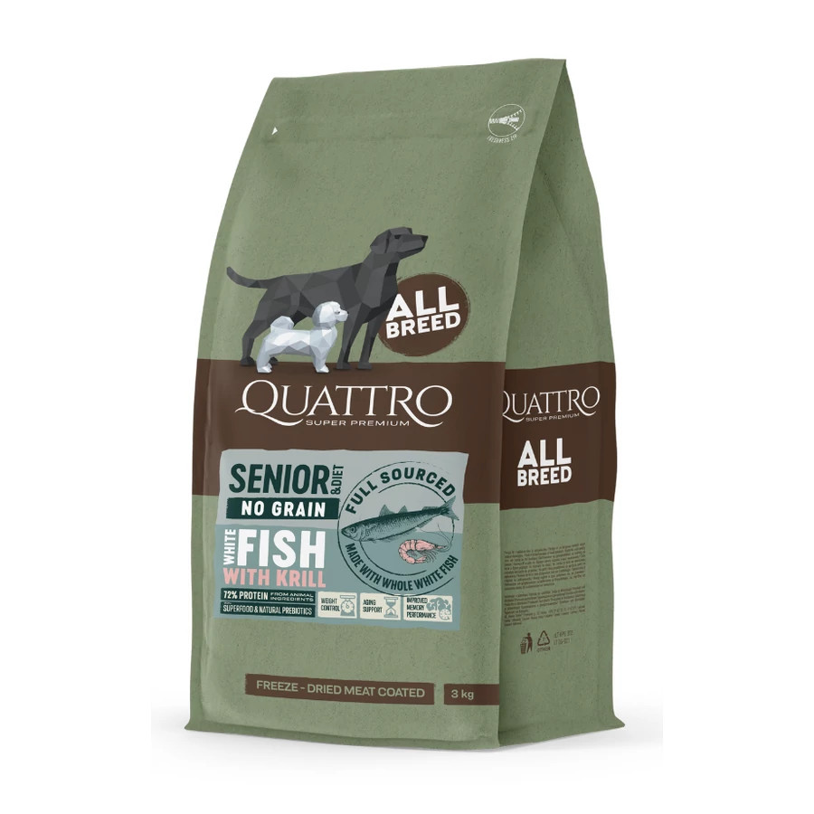 Kisállat webáruház - QUATTRO grain-free WHITE FISH AND KRILL Senior/Diet kutyatáp 12 kg termékek