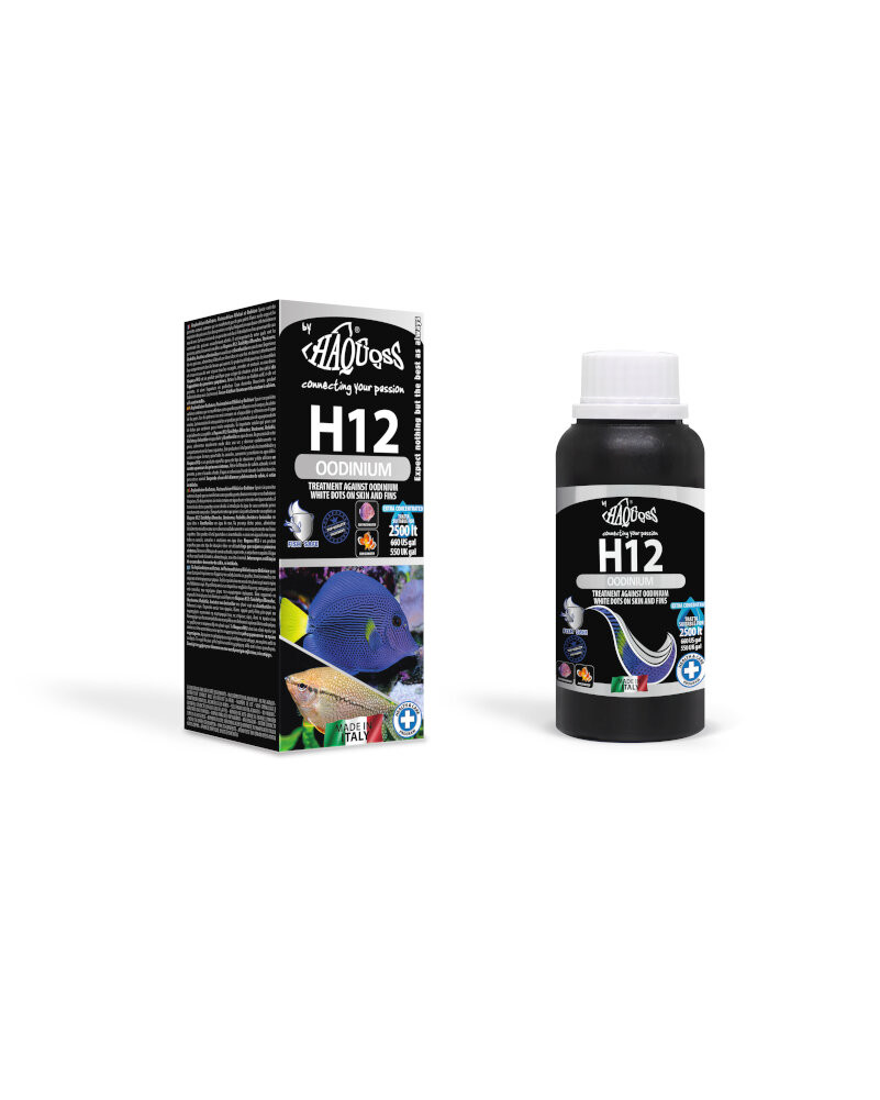 Kisállat webáruház - Terméknév (webáruházi megjelenéshez): Haquoss | H12 OODINIUM | – Folyékony készítmény Oodinium (bársonybetegség) parazita ellen édesvízi és tengeri díszhalaknál – 100 ml termékek