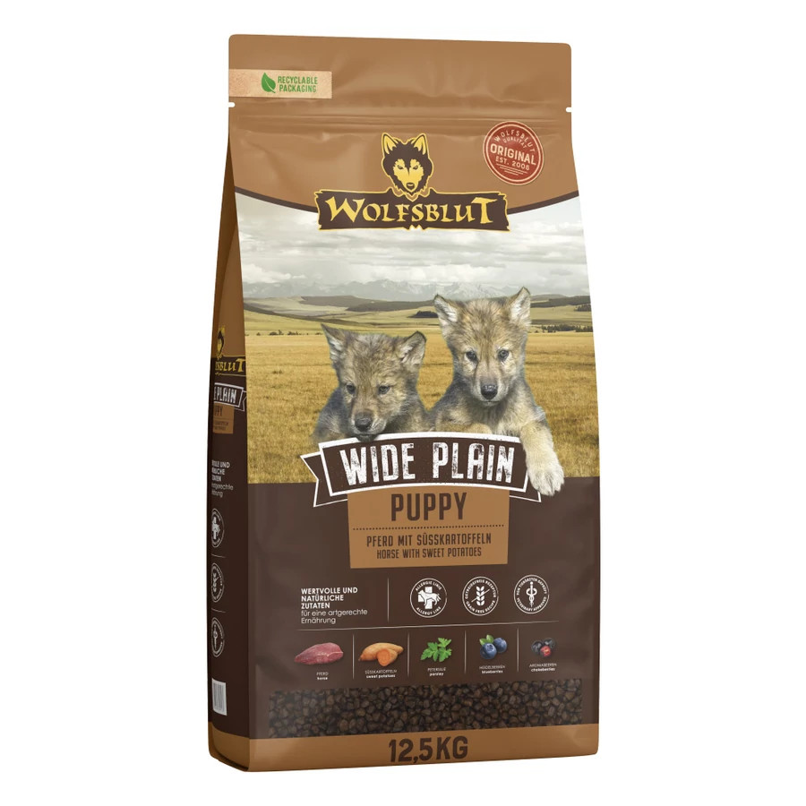 Kisállat webáruház - Wolfsblut Wide Plain Puppy Lóhús Édesburgonyával száraz kutyatáp 12,5 kg termékek